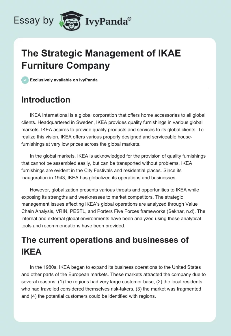 The Strategic Management of IKAE Furniture Company. Page 1