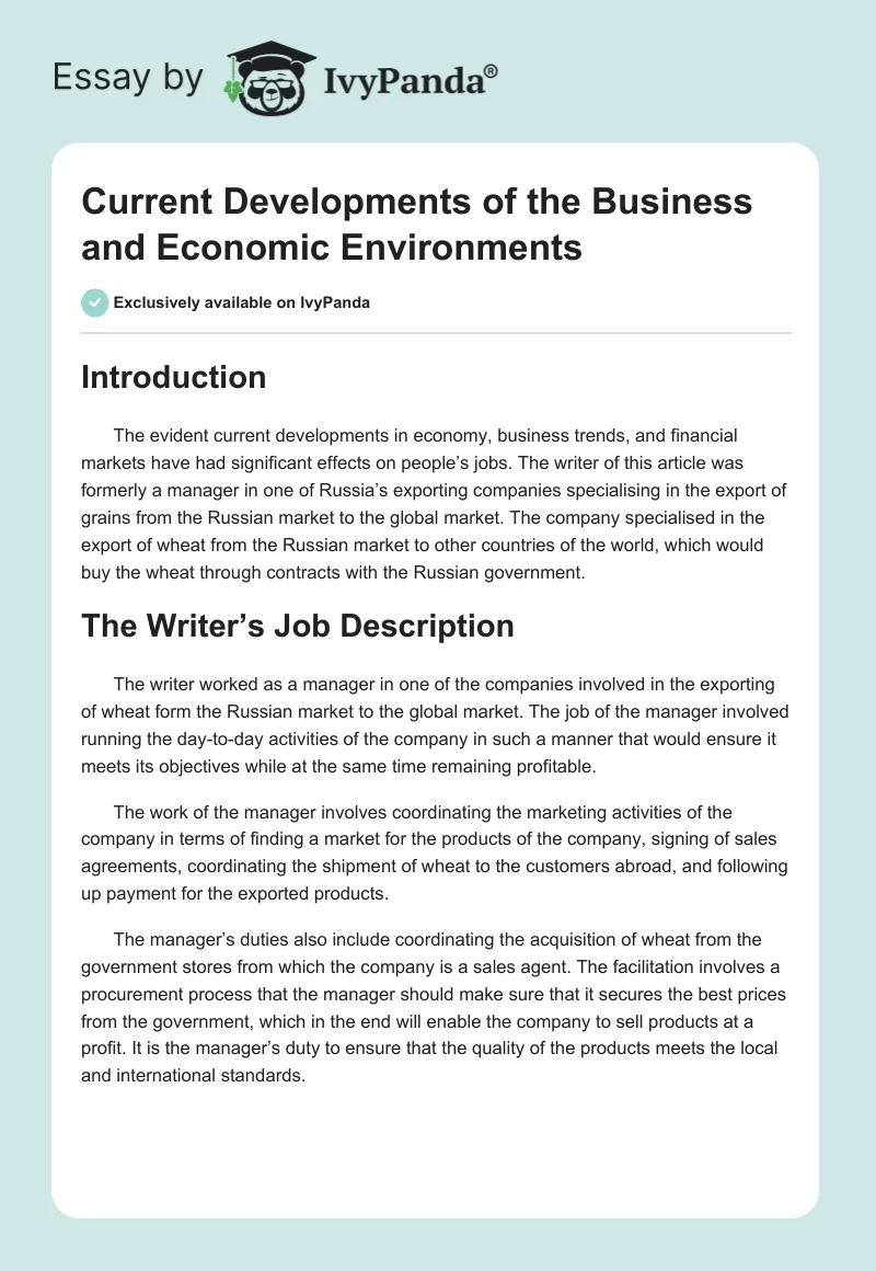 Current Developments of the Business and Economic Environments. Page 1
