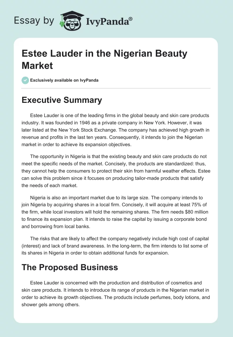Estee Lauder in the Nigerian Beauty Market. Page 1
