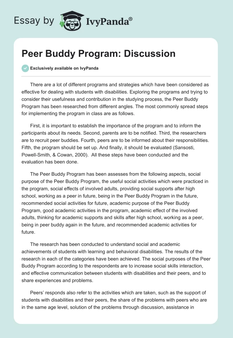 Peer Buddy Program: Discussion. Page 1