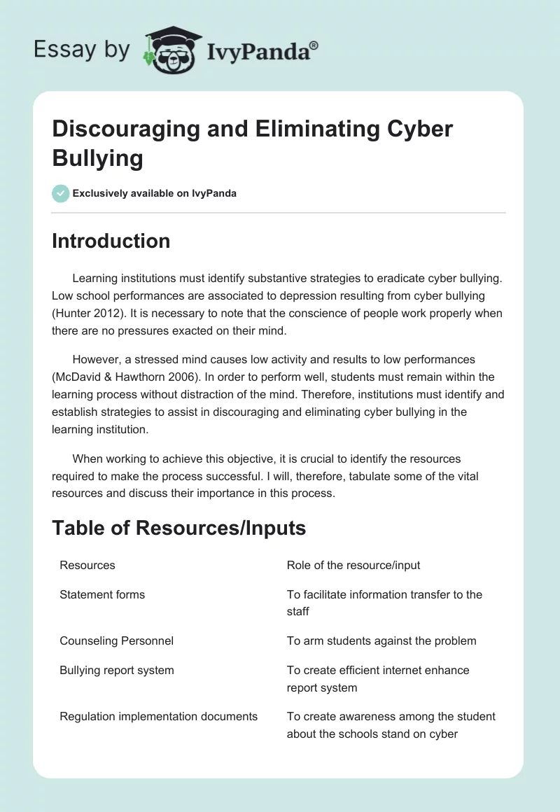 Discouraging and Eliminating Cyber Bullying. Page 1