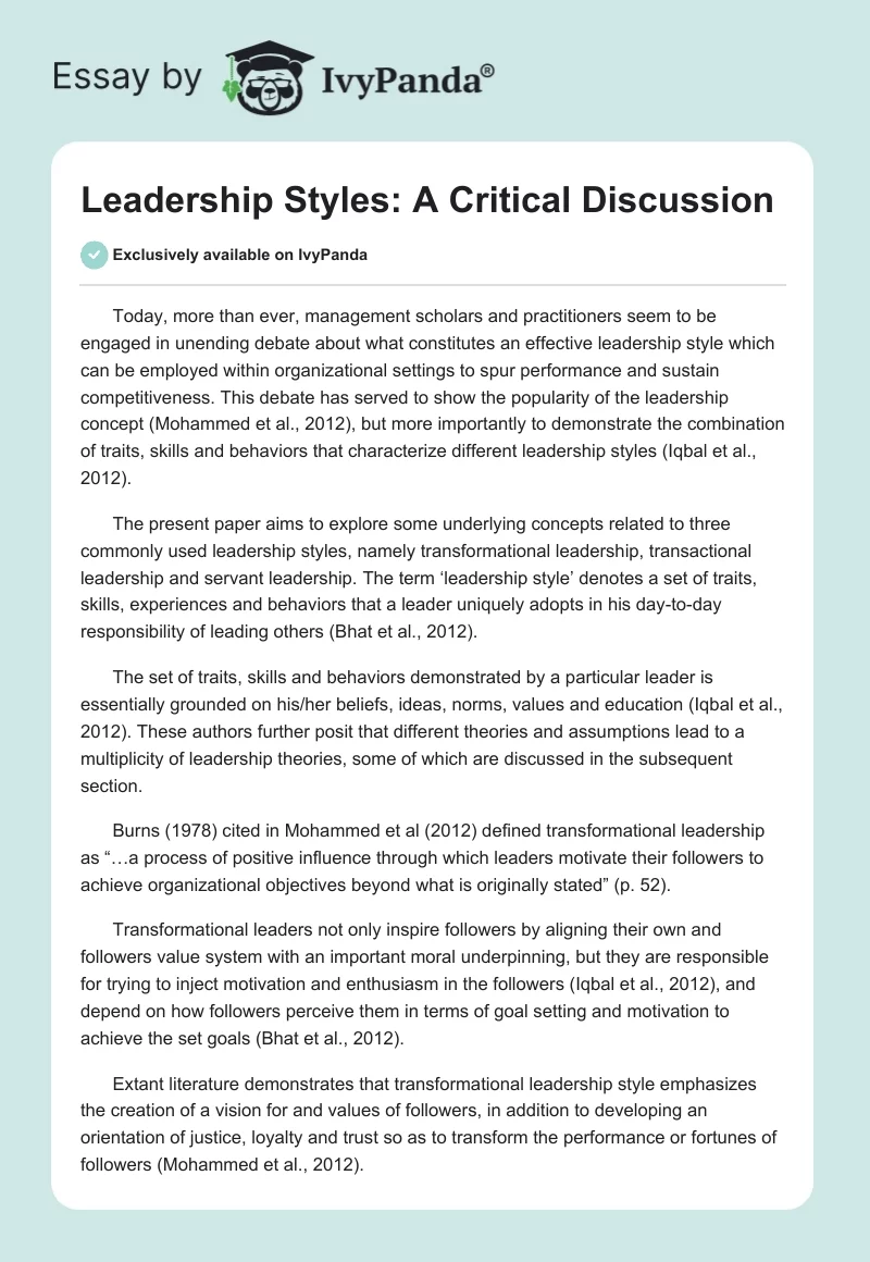 Leadership Styles: A Critical Discussion. Page 1
