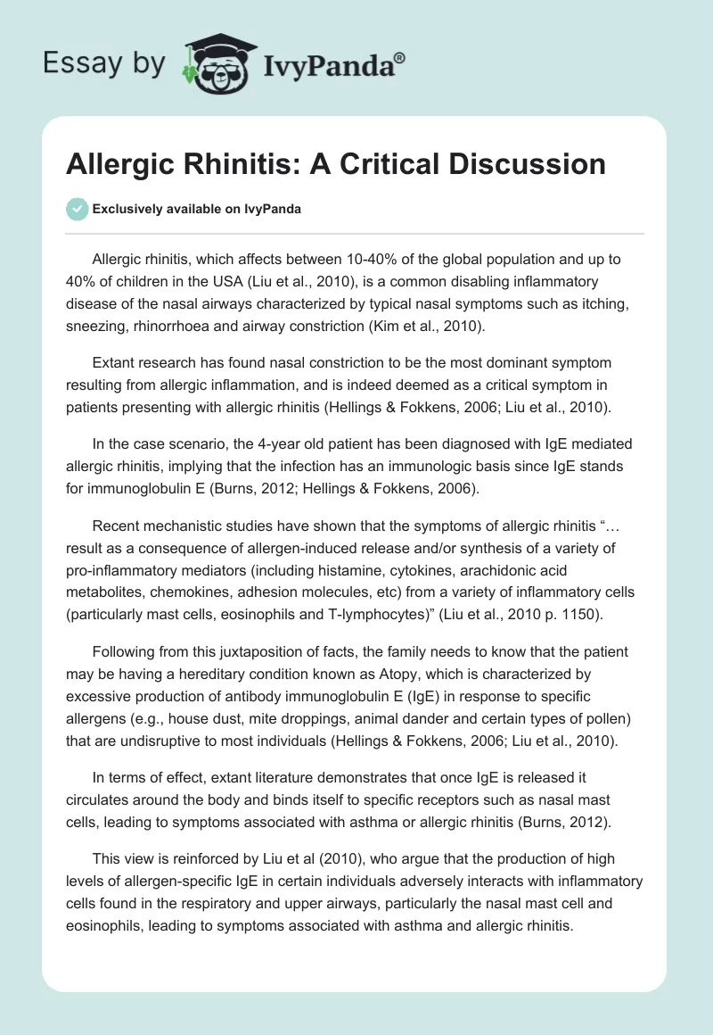 Allergic Rhinitis: A Critical Discussion. Page 1