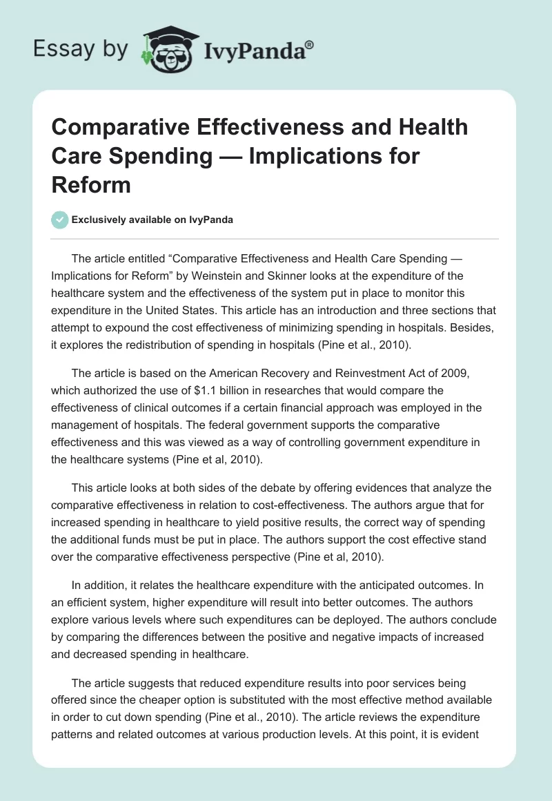 Comparative Effectiveness and Health Care Spending — Implications for Reform. Page 1