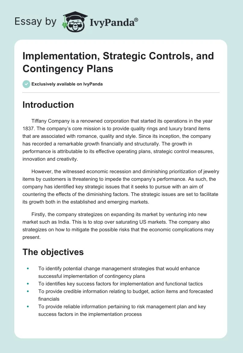 Implementation, Strategic Controls, and Contingency Plans. Page 1