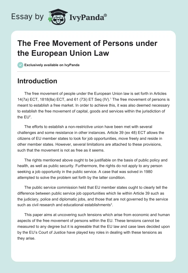 The Free Movement of Persons under the European Union Law. Page 1