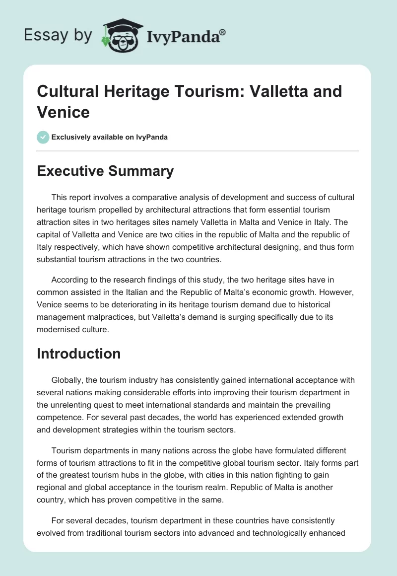 Cultural Heritage Tourism: Valletta and Venice. Page 1