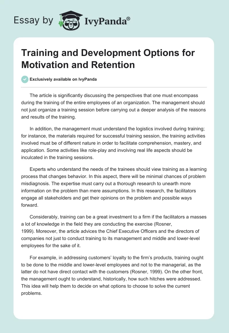 Training and Development Options for Motivation and Retention. Page 1