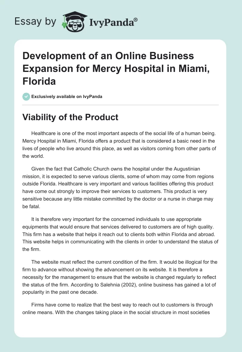 Development of an Online Business Expansion for Mercy Hospital in Miami, Florida. Page 1