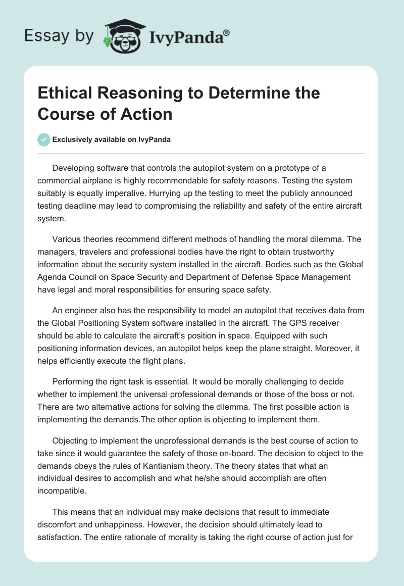 Ethical Reasoning to Determine the Course of Action. Page 1