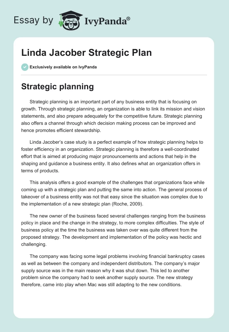 Linda Jacober Strategic Plan. Page 1