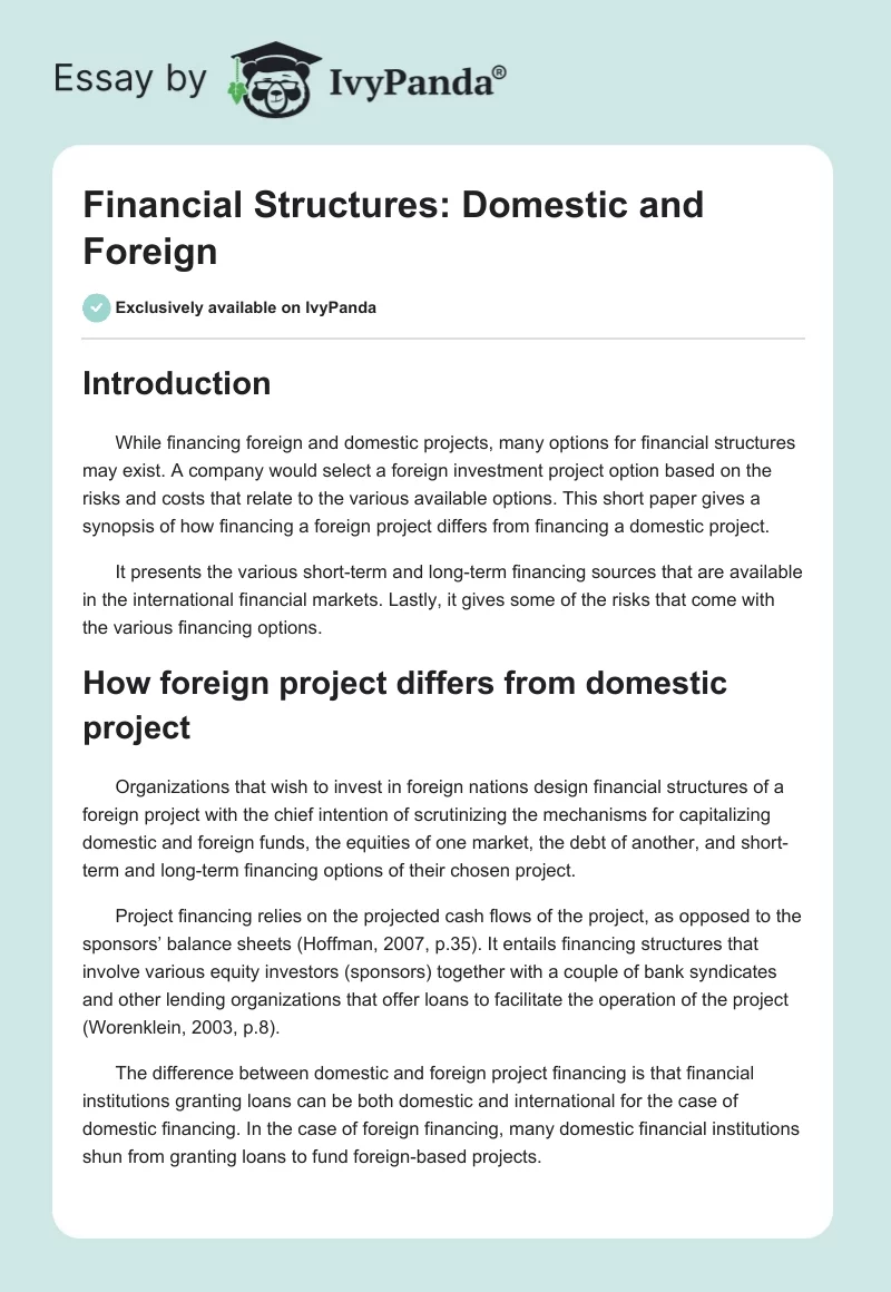 Financial Structures: Domestic and Foreign. Page 1