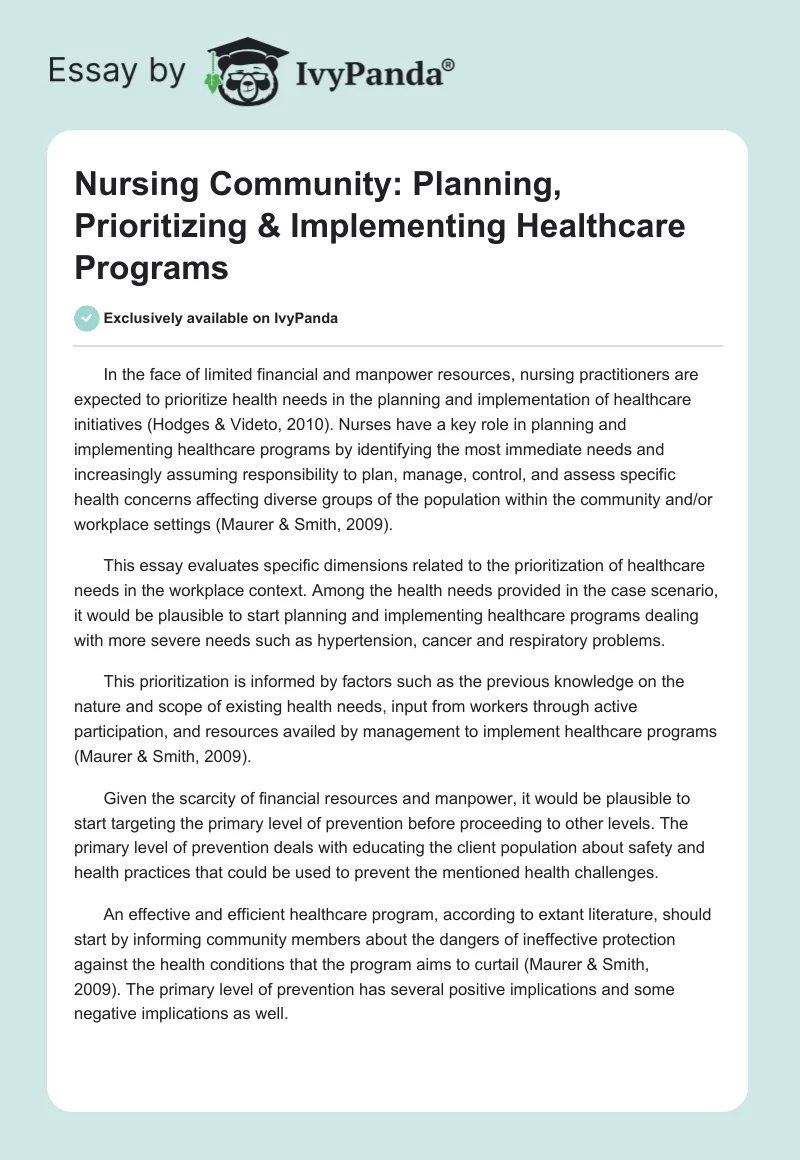Nursing Community: Planning, Prioritizing & Implementing Healthcare Programs. Page 1