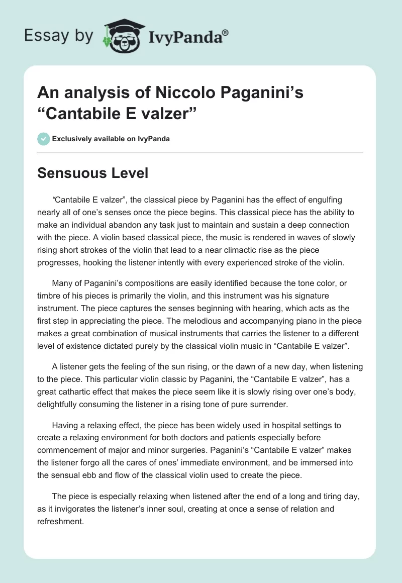 An analysis of Niccolo Paganini’s “Cantabile E valzer”. Page 1