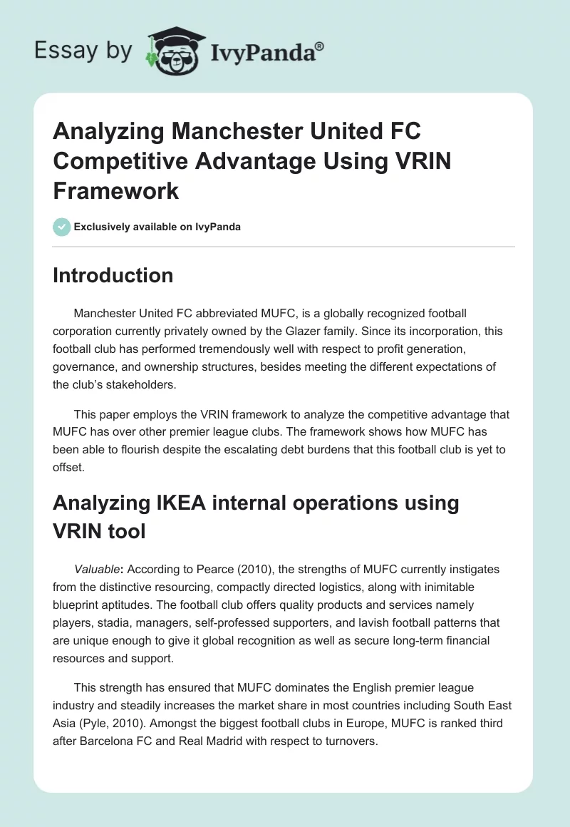 Analyzing Manchester United FC Competitive Advantage Using VRIN Framework. Page 1