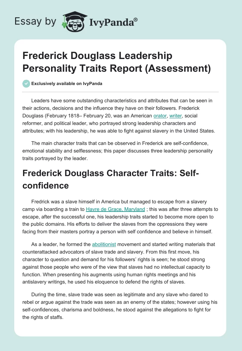Frederick Douglass Leadership Personality Traits Report (Assessment). Page 1