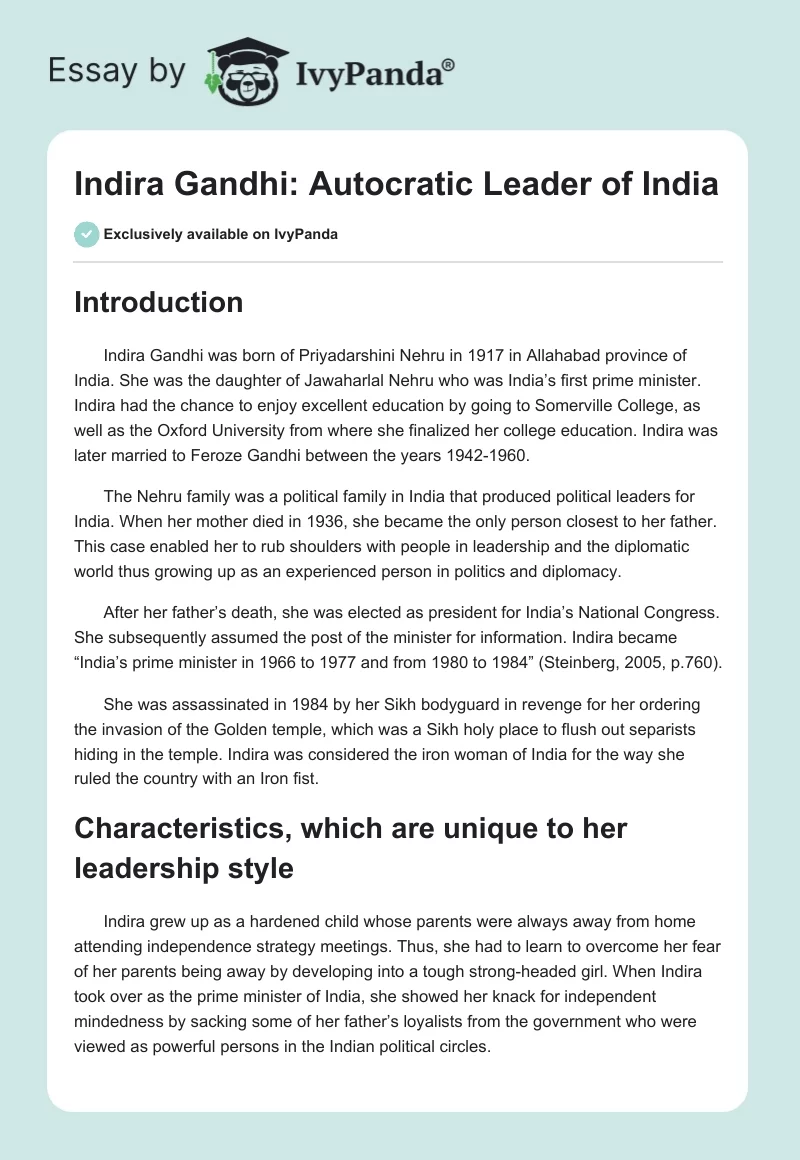 Indira Gandhi: Autocratic Leader of India. Page 1