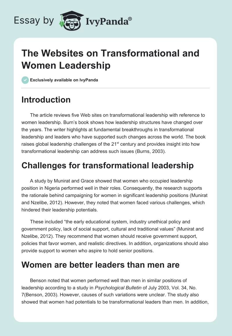 The Websites on Transformational and Women Leadership. Page 1