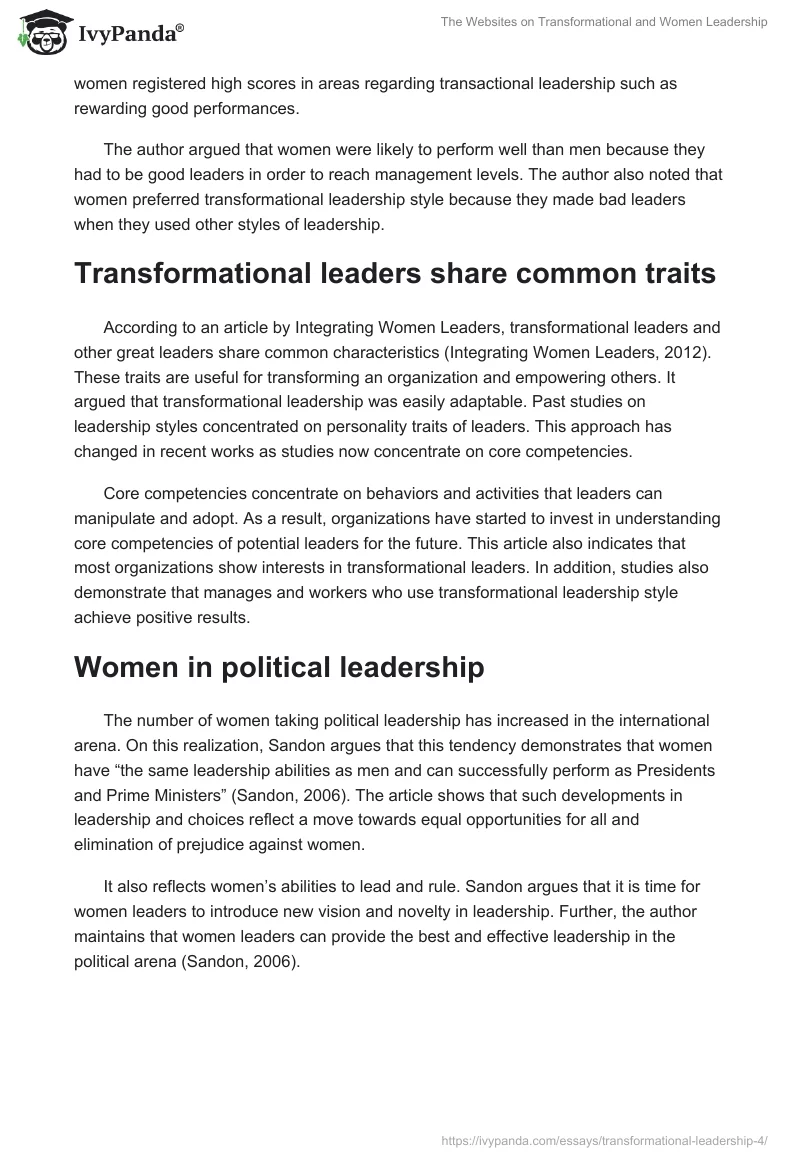 The Websites on Transformational and Women Leadership. Page 2