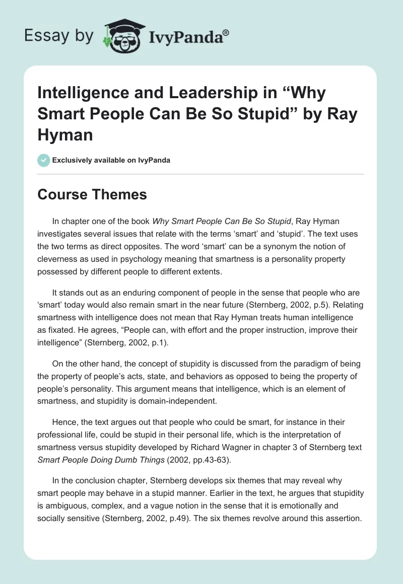 Intelligence and Leadership in “Why Smart People Can Be So Stupid” by Ray Hyman. Page 1
