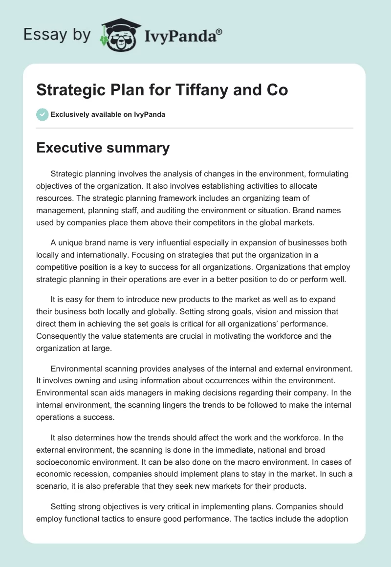 Strategic Plan for Tiffany and Co. Page 1