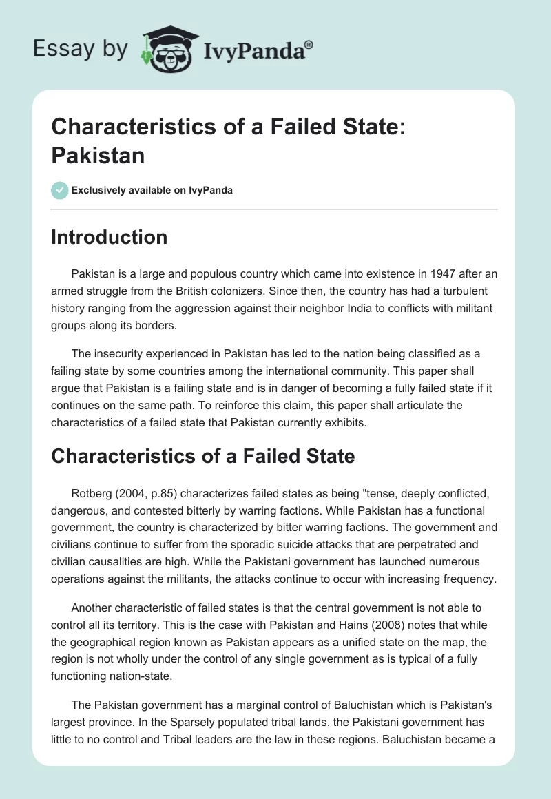 Characteristics of a Failed State: Pakistan. Page 1