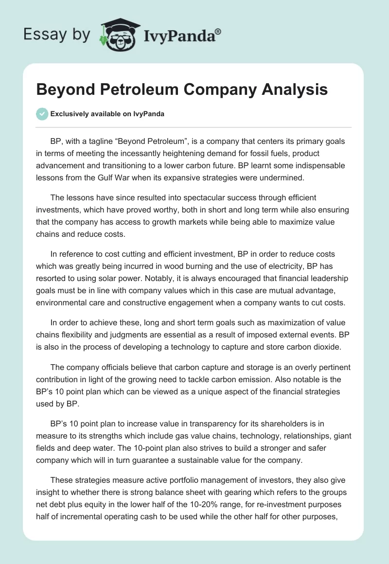 Beyond Petroleum Company Analysis. Page 1
