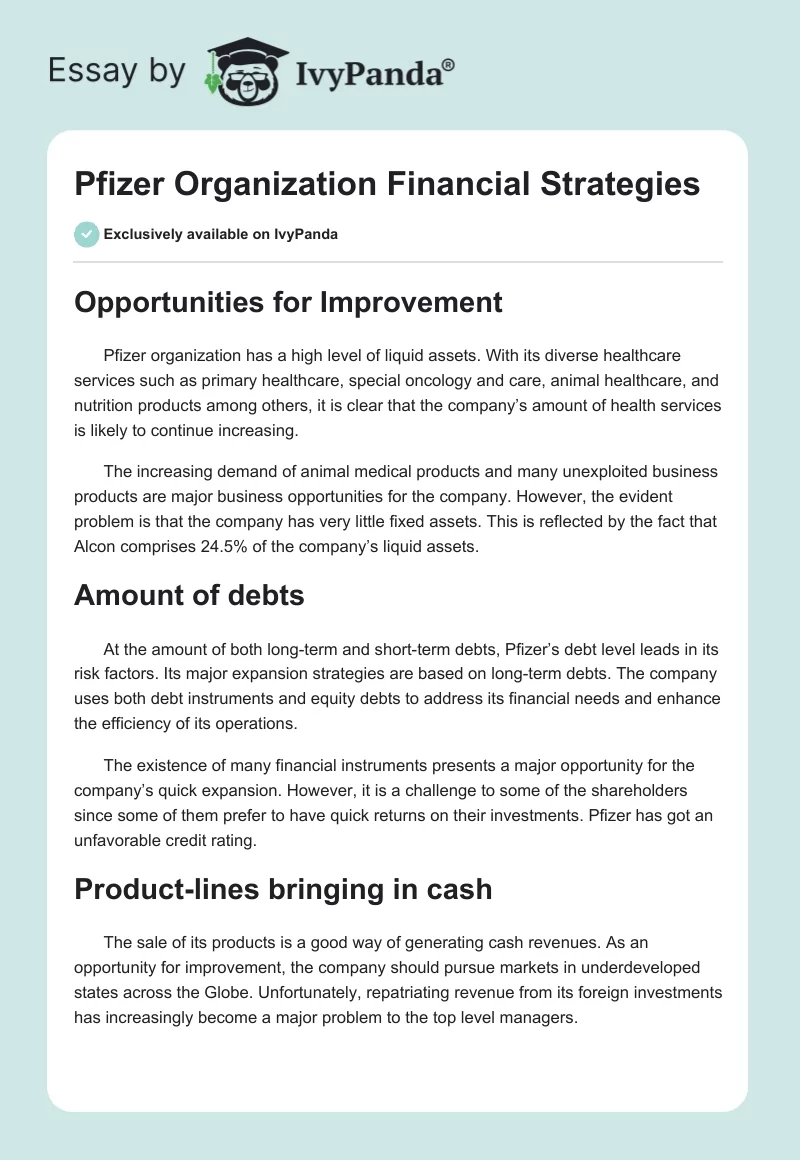 Pfizer Organization Financial Strategies. Page 1