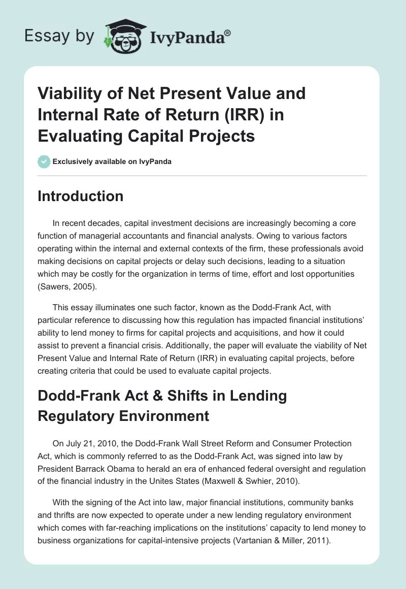 Viability of Net Present Value and Internal Rate of Return (IRR) in Evaluating Capital Projects. Page 1