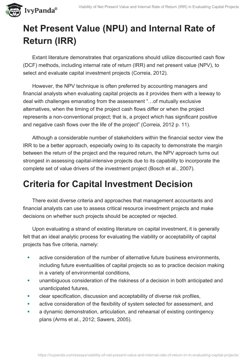 Viability of Net Present Value and Internal Rate of Return (IRR) in Evaluating Capital Projects. Page 3