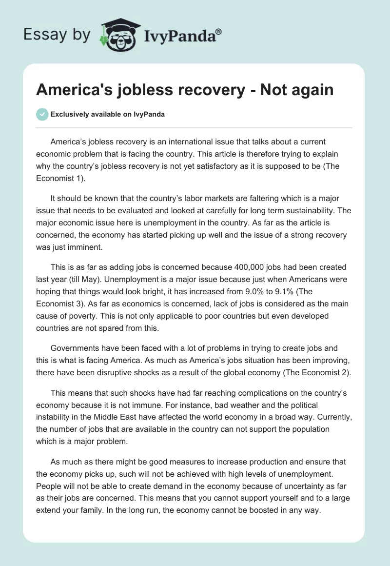 America's jobless recovery - Not again. Page 1
