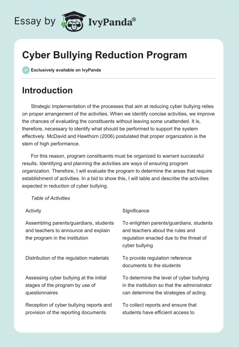 Cyber Bullying Reduction Program. Page 1