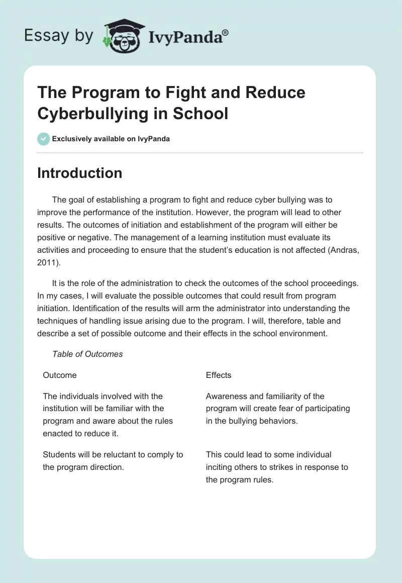 The Program to Fight and Reduce Cyberbullying in School. Page 1