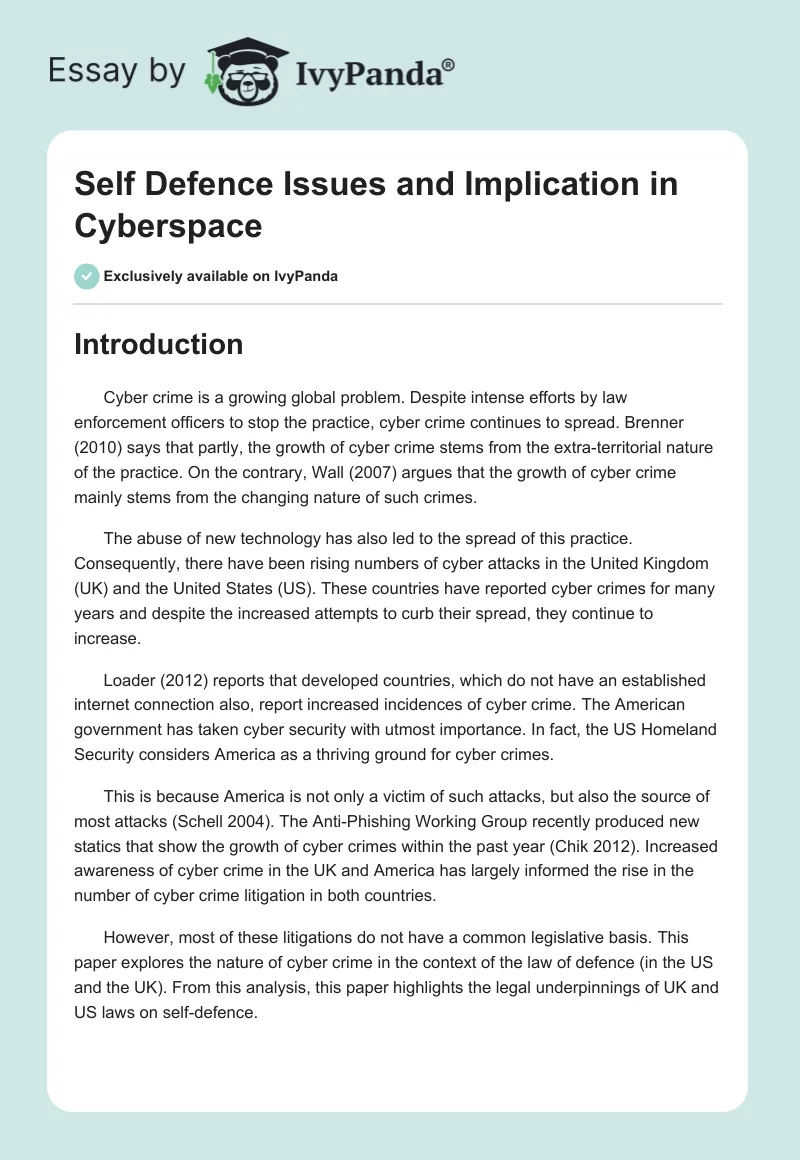 Self Defence Issues and Implication in Cyberspace. Page 1