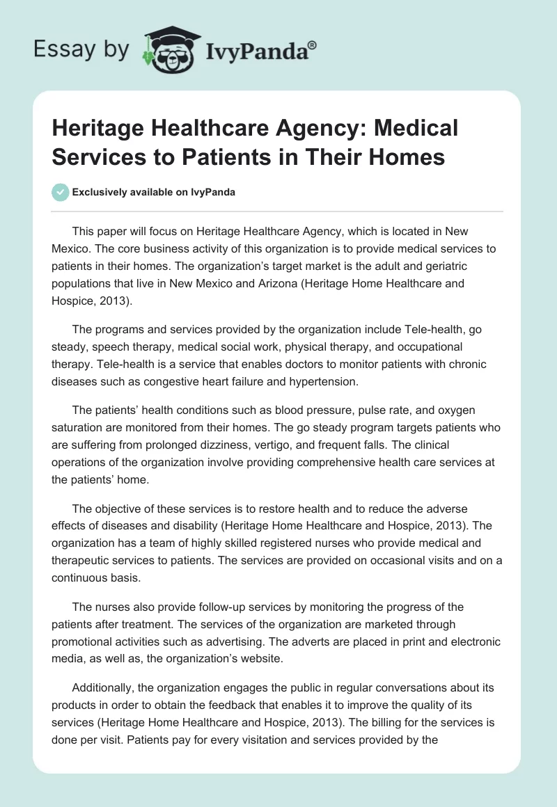 Heritage Healthcare Agency: Medical Services to Patients in Their Homes. Page 1