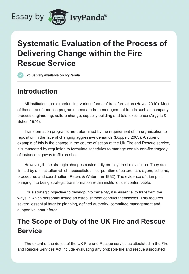 Systematic Evaluation of the Process of Delivering Change within the Fire Rescue Service. Page 1