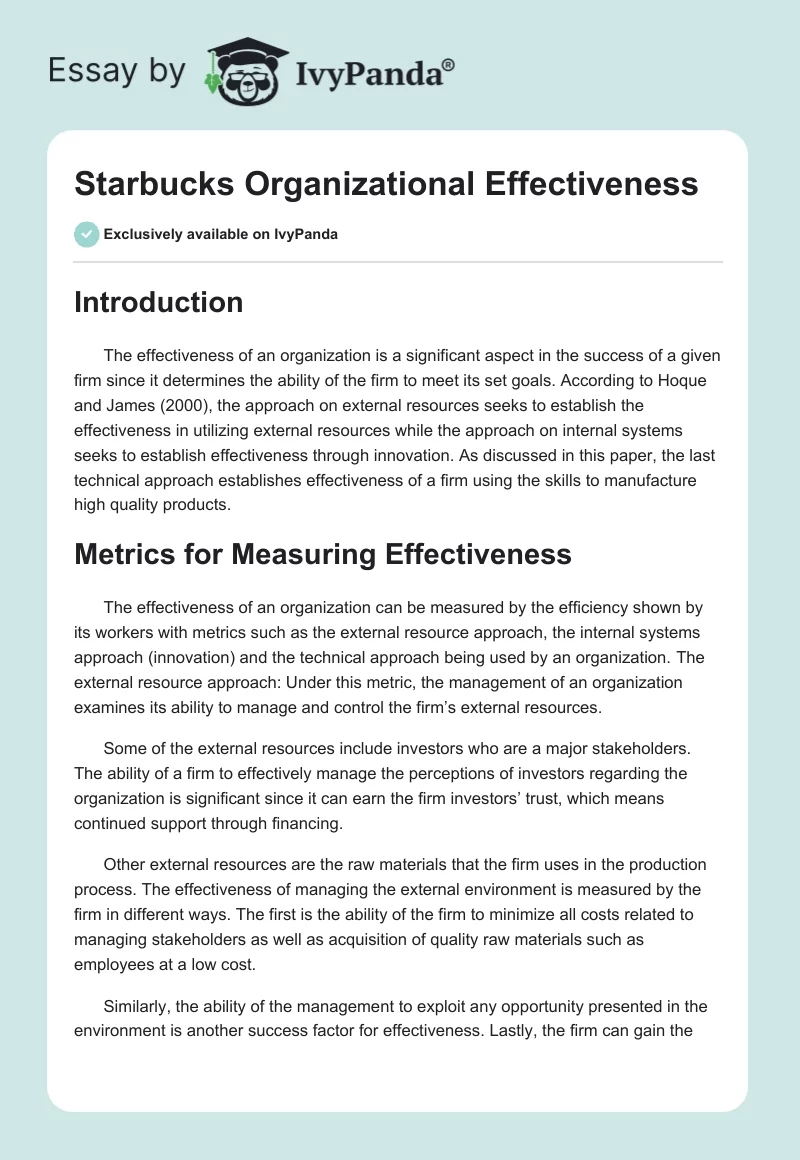 Starbucks Organizational Effectiveness. Page 1
