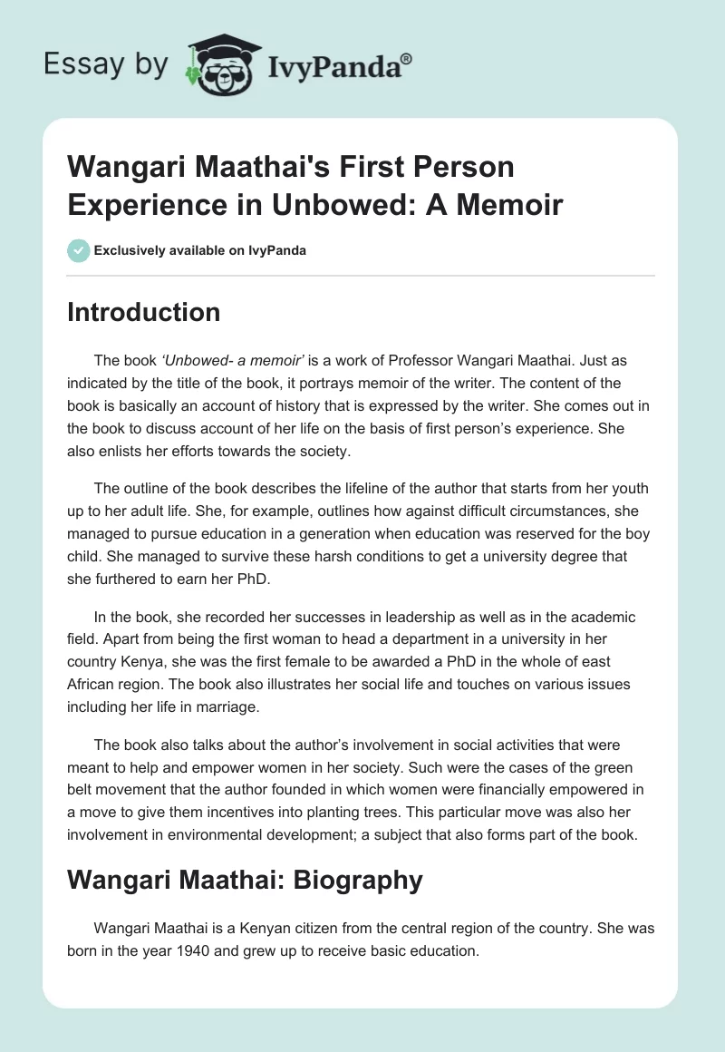 Wangari Maathai's First Person Experience in "Unbowed: A Memoir". Page 1