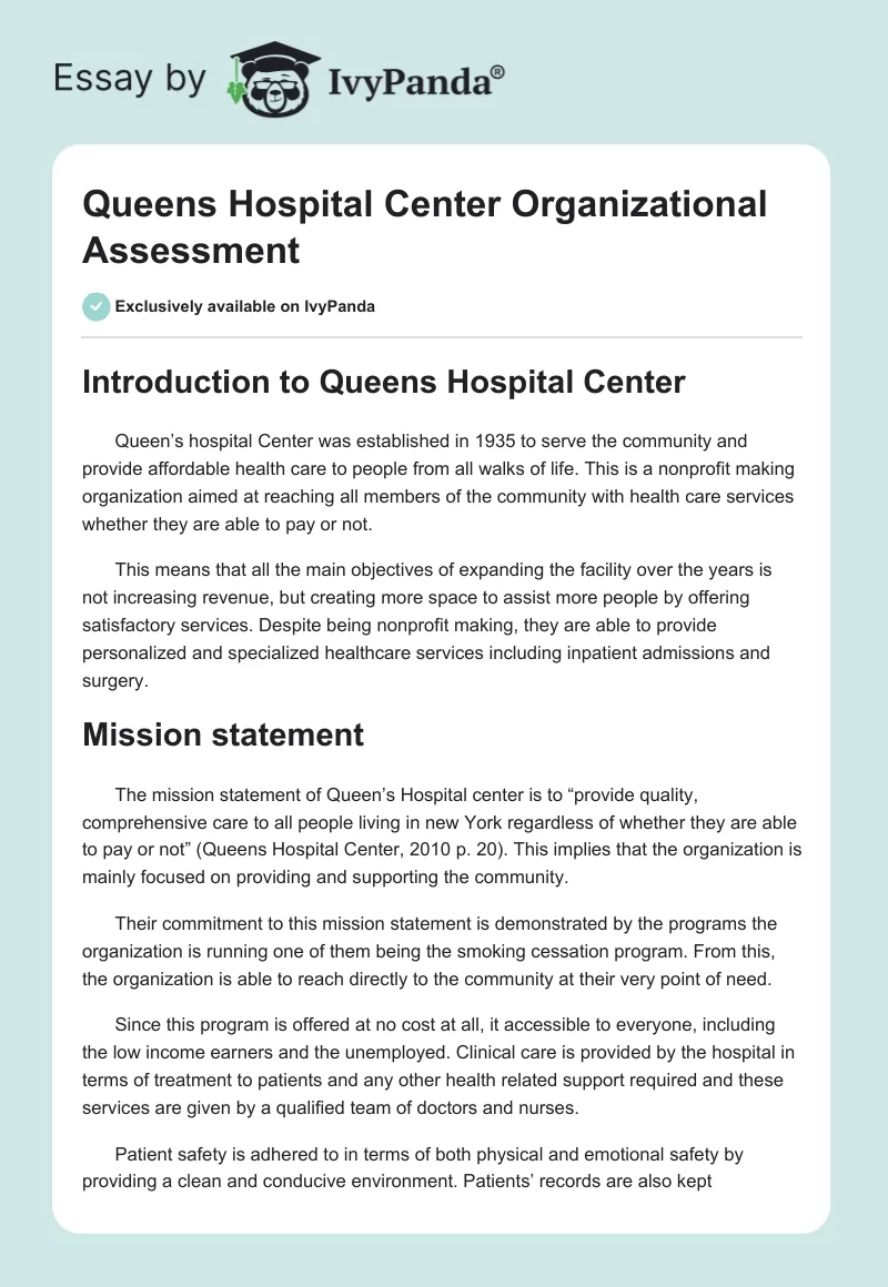 Queens Hospital Center Organizational Assessment. Page 1