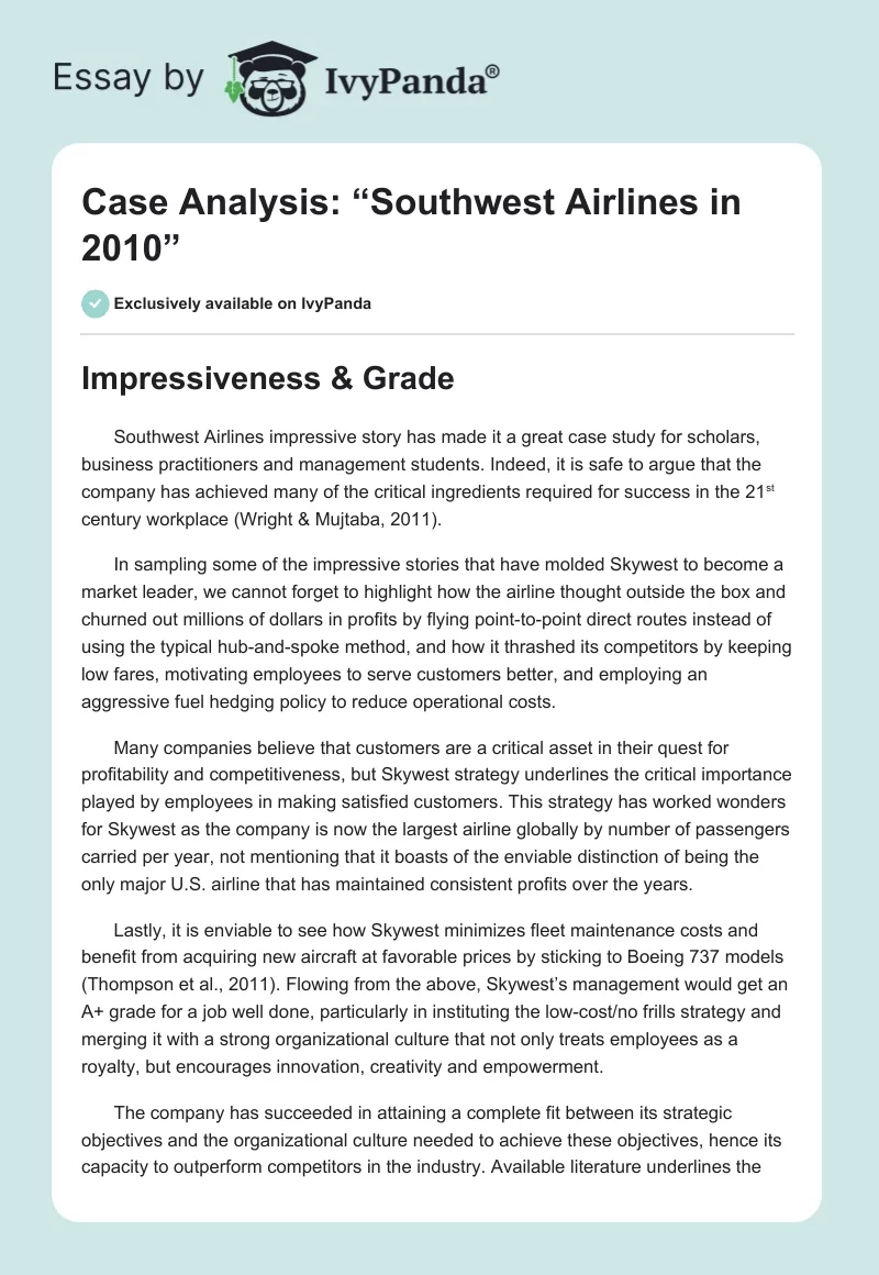 Case Analysis: “Southwest Airlines in 2010”. Page 1