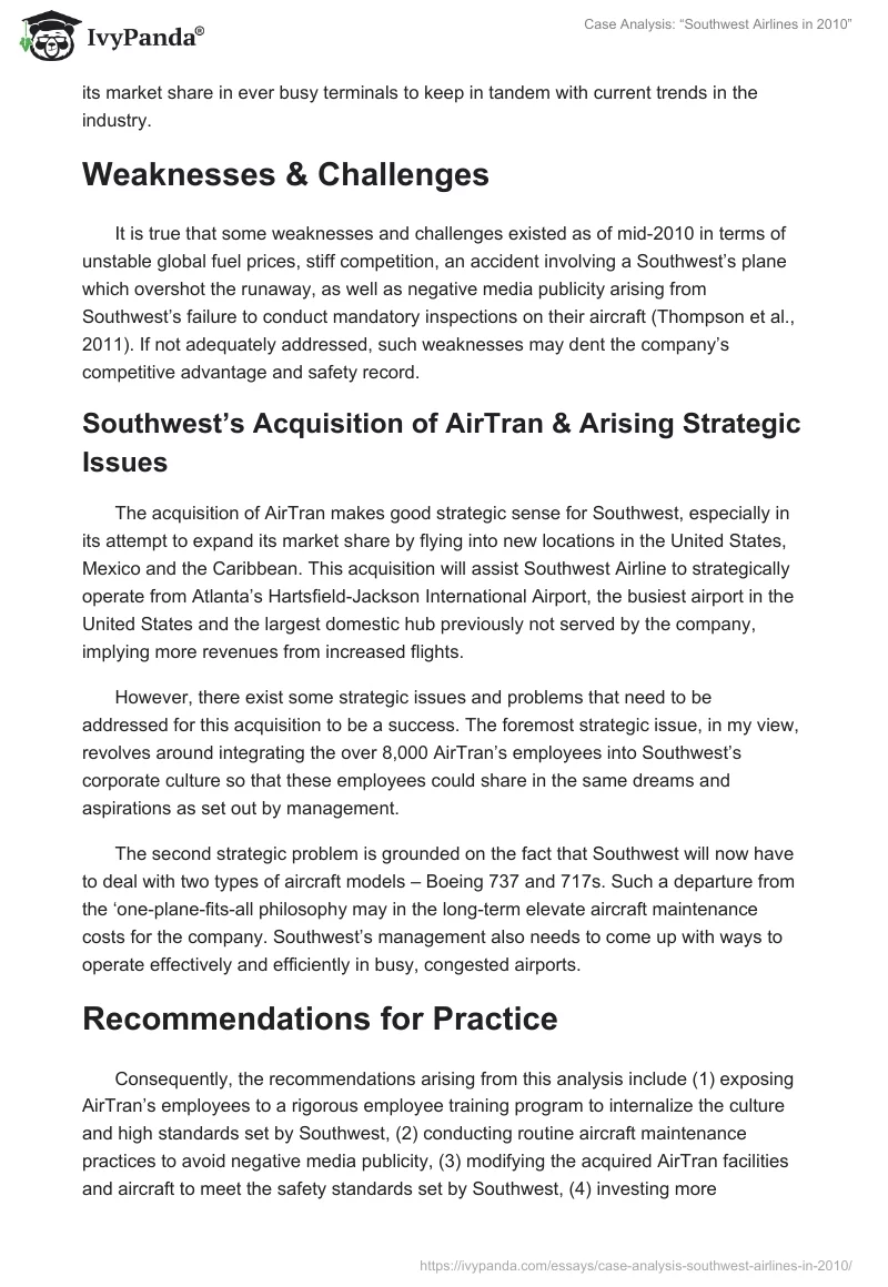 Case Analysis: “Southwest Airlines in 2010”. Page 4