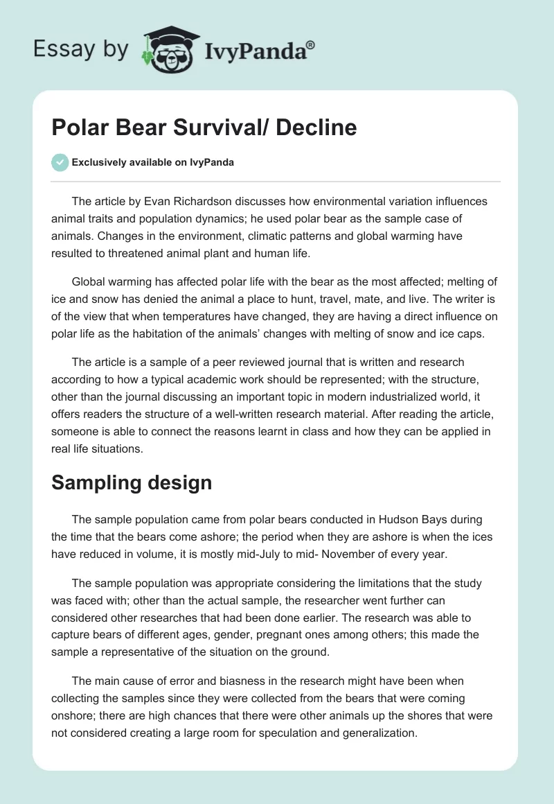 Polar Bear Survival/ Decline. Page 1
