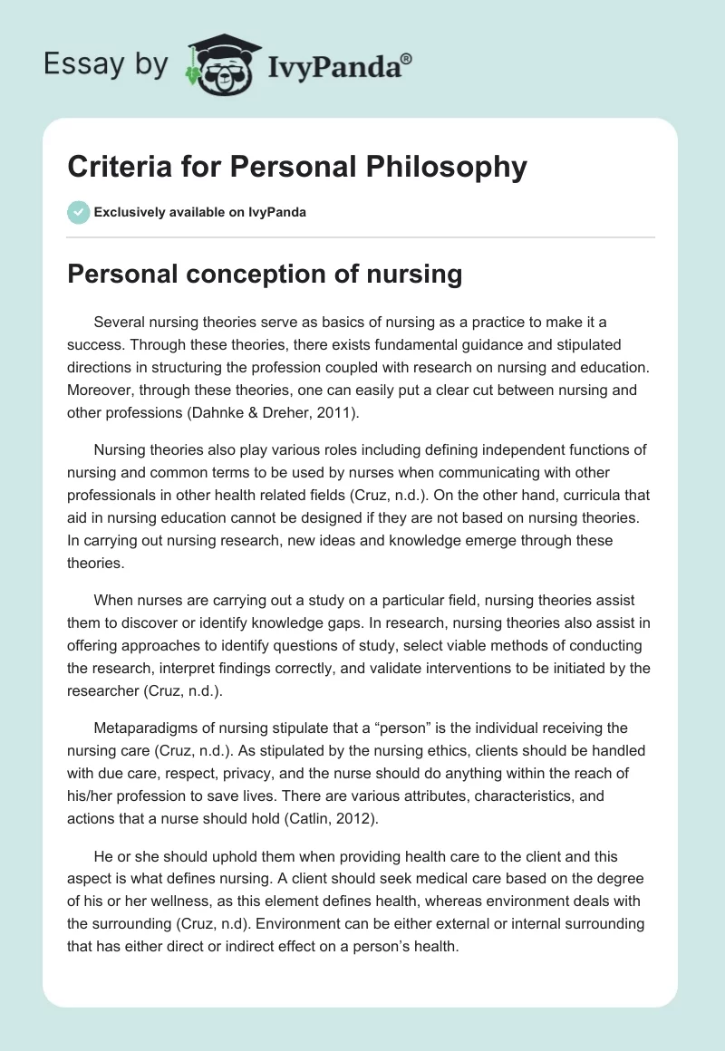 Criteria for Personal Philosophy. Page 1