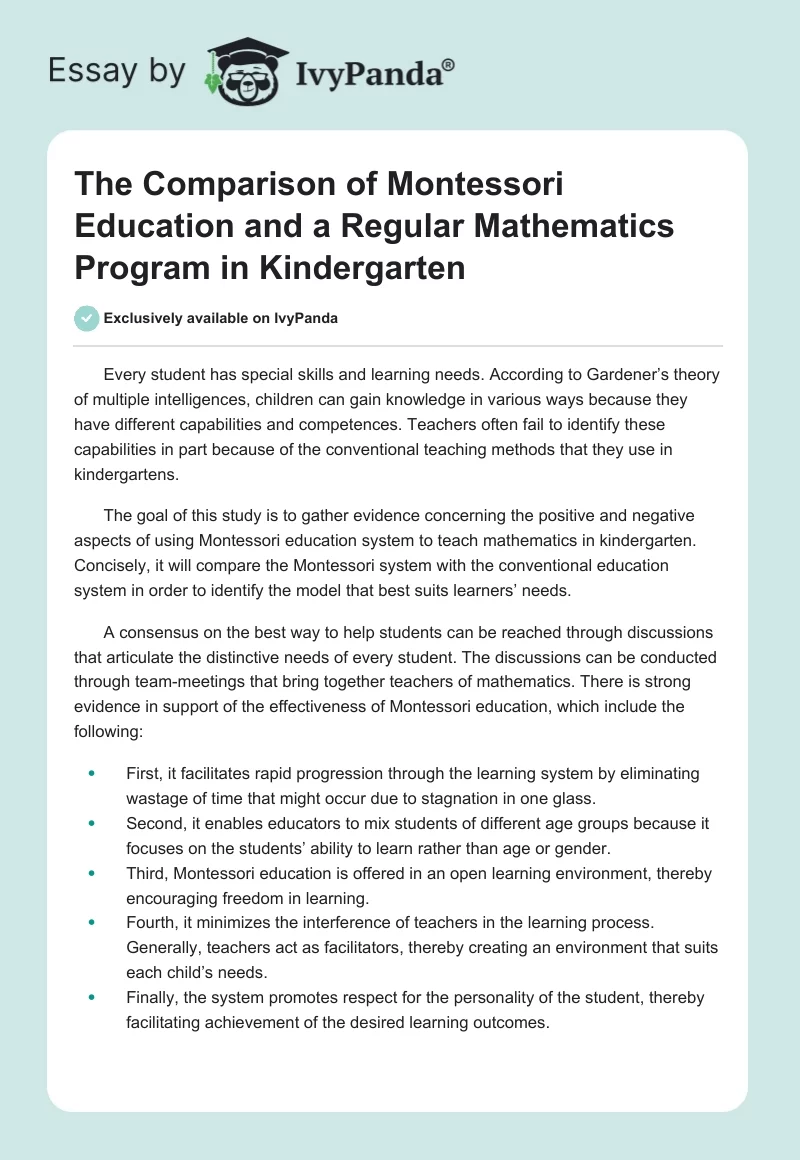 The Comparison of Montessori Education and a Regular Mathematics Program in Kindergarten. Page 1