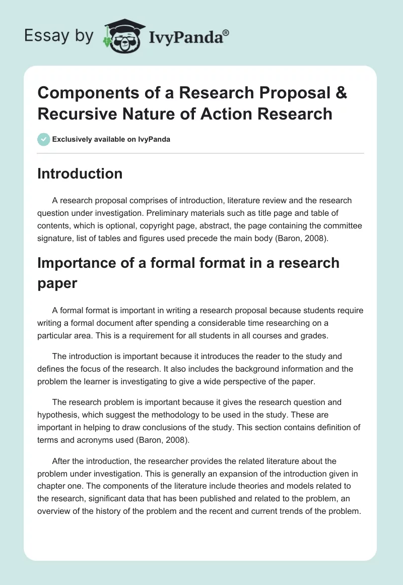 Components of a Research Proposal & Recursive Nature of Action Research. Page 1