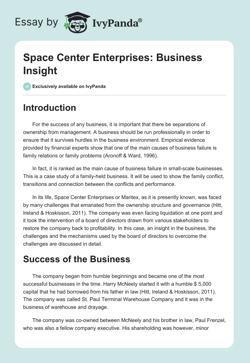 Space Center Enterprises: Business Insight. Page 1