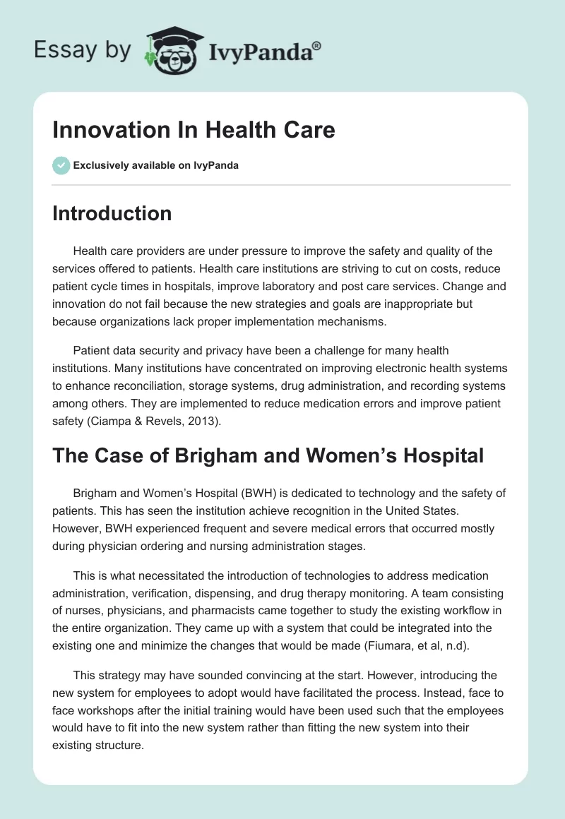 Innovation In Health Care. Page 1