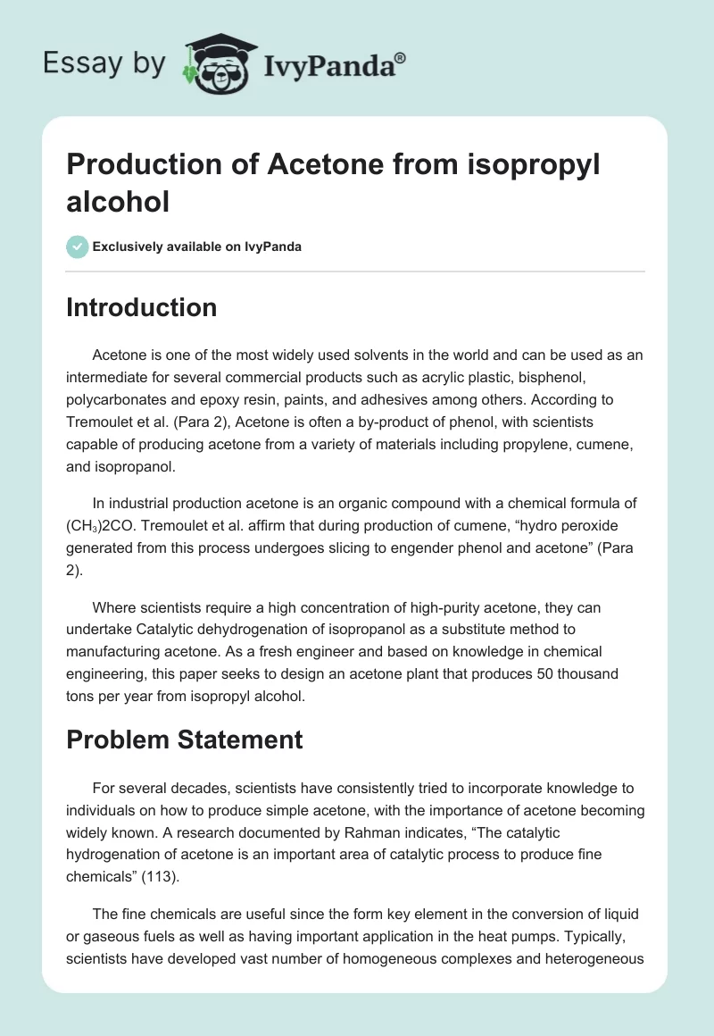 Production of Acetone from isopropyl alcohol. Page 1