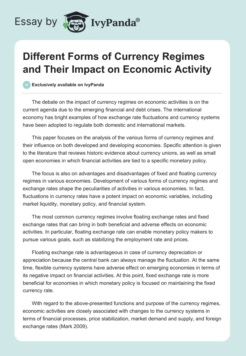 Different Forms of Currency Regimes and Their Impact on Economic Activity. Page 1