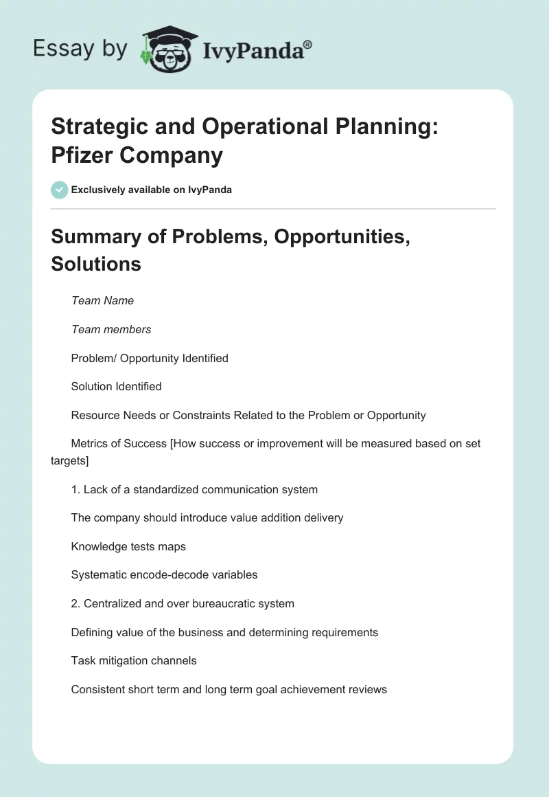 Strategic and Operational Planning: Pfizer Company. Page 1
